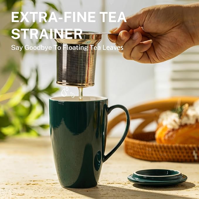 Sweese 15 OZ Porcelain Tea Mug with Infuser and Lid, Loose Leaf Tea Cup, Gifts for Tea Lover, Dark Green