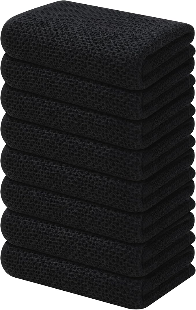 Kitinjoy 100% Cotton Waffle 8-Pack Kitchen Towels, 13" x 28", Black | Super Soft, Ultra-Absorbent, Fast Drying, lightweight, Quick Drying Kitchen Hand Towels