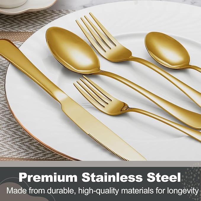Runfly 60-Piece Gold Flatware Set, Stainless Steel Cutlery Set for 12 | Mirror Polished Durable Utensil Set Includes Knife Fork Spoon for Home Kitchen Restaurant Tableware