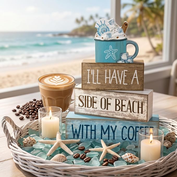 Lineshading 4 Pcs Beach Coastal Wooden Block Signs with Coffee Cup Summer | Blue Rustic Wood Signs Starfish Mug, Tiered Tray Coffee Bar Table Decor, Beachy Nautical Centerpieces for Home Office