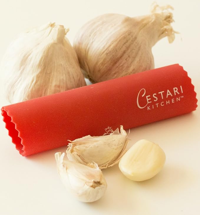 Set of 2 Red Garlic Peeler Silicone Tube Rollers - Easy Roll Garlic Skin Remover - Sturdy Thick Odor Free - Peels Multiple Cloves of Garlic in Seconds - Cestari Kitchen Garlic Peelers are BPA Free