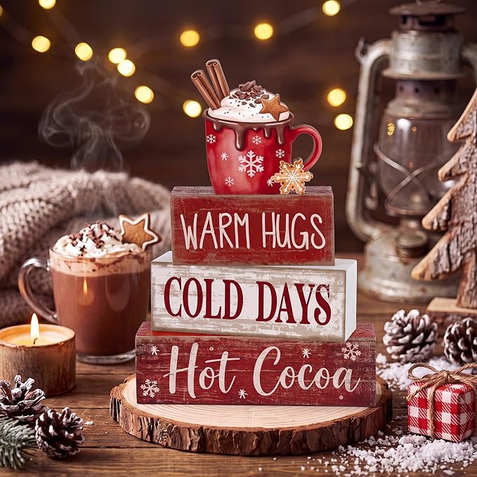 Lineshading 4 Pcs Wooden Hot Cocoa Block Signs Tiered Tray Decor with Mug | Farmhouse Stackable Wood Blocks, Warm Hugs Cold Days Text, Winter Coffee Bar Display, Mug Topper with Cinnamon Sticks
