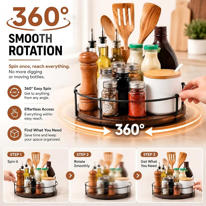 Lazy Susan Turntable Organizer for Table Top 10" （Black） | Round Wooden Lazy Susan for Cabinet, Farmhouse Decorative Tray for Coffee Table, Kitchen Organizer, Center Piece Decor, Ru