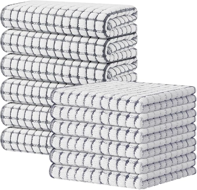 Kitinjoy Cotton 12 Pack Kitchen Towels and Dishcloths Sets, Grey | 16 x 25 Inch & 12 X 12 Inch Dish Towels Bulk, Super Soft and Absorbent hand towels for kitchen Drying