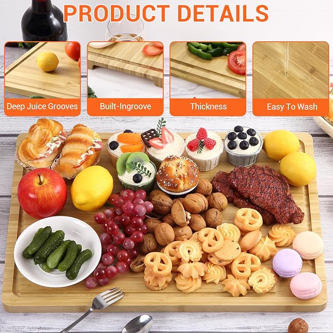 Large Cutting Board for Kitchen, 20 x 14 Inch Bamboo Wood Butcher Chooping Board with Juice Groove, Reversible Cheese Board Charcuterie Serving Tray