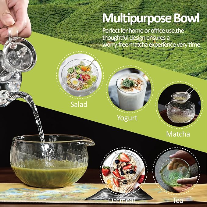 Matcha Bowl and Whisk Holder Set, Glass Matcha Bowl with Spout, Ceremonial Mixing Chawan, Clear Traditional Japanese Matcha Kit for Tea/Matcha Powder/Soup - Hammer Pattern
