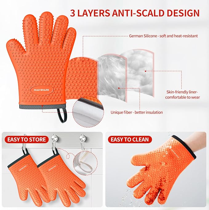 MAD SHARK Silicone Oven Mitts with Fingers Heat Resistant 450°F in Kitchen | Waterproof & Non-Slip Oven Gloves,Cotton Lined Silicone Kitchen Mitts for Baking Cooking Barbecue,Women (Orange)