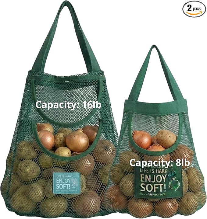 Durable Hanging Mesh Bags for Fruit & Vegetables. Reusable, Breathable Storage for Garlic, Potatoes & Pantry. Eco-Friendly Kitchen Organizer & Decor (1 normal blue bag & 1 extra large blue bag)