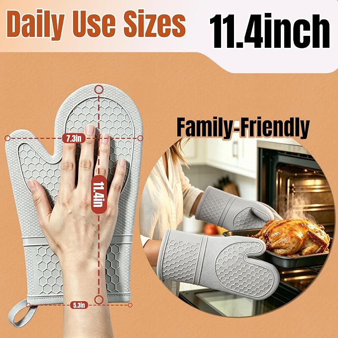 2-Pack Silicone Oven Mitts, 500°F Non-Slip Washable Heat Resistant Gloves, Grey