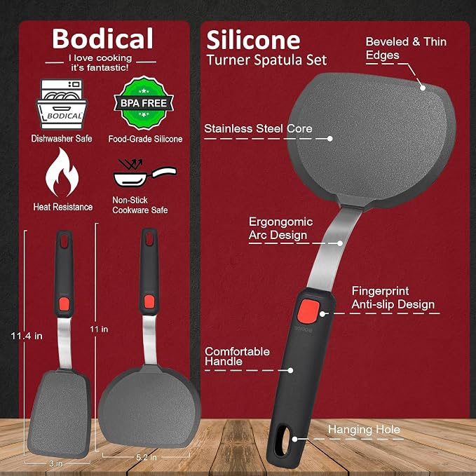 Silicone Pancake Spatula Turner Set of 2, 600°F Heat Resistant Cooking Spatulas for Nonstick Cookware, Large Kitchen Utensils BPA Free Rubber Spatula Set for Egg, Pancake, Fish, Burger
