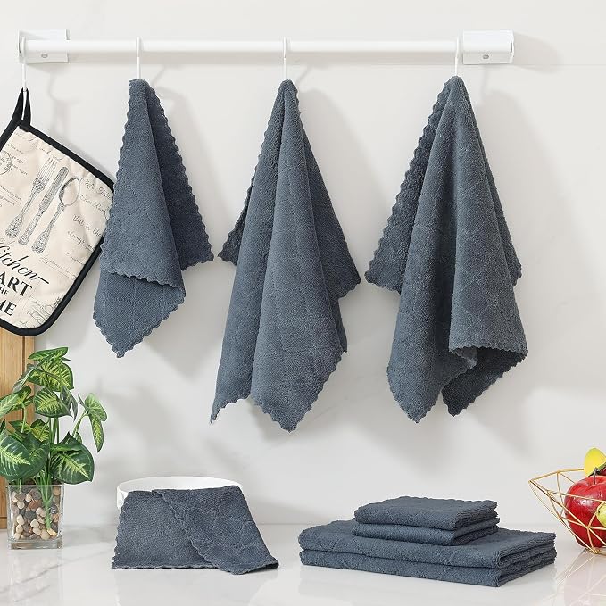 Homaxy Super Soft 12 Pack Kitchen Towels and Dishcloths Set, Dark Grey | Ultra-Absorbent, 10 x 10 and 13 x 19 Inches, Coral Velvet, No Lint, Nonstick Oil, Fast Drying, Microfiber Cleaning Cloth