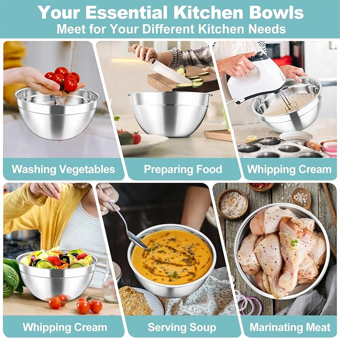TeamFar Mixing Bowls Set, 4.5/3/1.5/1/0.7 QT Salad Bowl with Lid, Dark Blue | Stainless Steel Nesting Bowls with Visible Airtight Lids, For Serving/ Mixing/ Storing, Non-Toxic & Dishwasher Safe, Set of 5