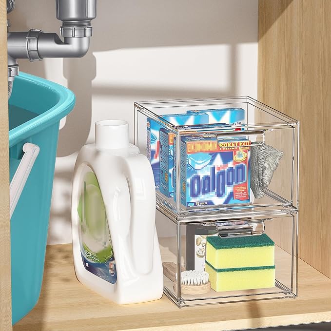 4 Pack Stackable Acrylic Makeup Organizer, Clear Storage Drawers | Clear Plastic Drawer Organizers with Handles for Vanity, Bathroom, Bedroom, Cosmetics, Jewelry and Home Storage