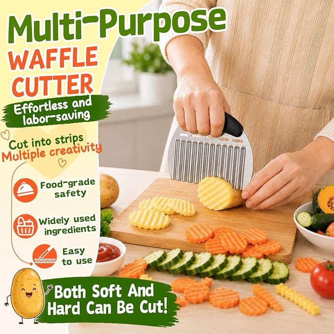 JAYVAR Large Crinkle Cutter French Fry Cutter, Stainless Steel Wavy Slicer | Large Crinkle Potato Slicer Wavy Chopper, Crinkle Cutting Chopping Tools with Handle