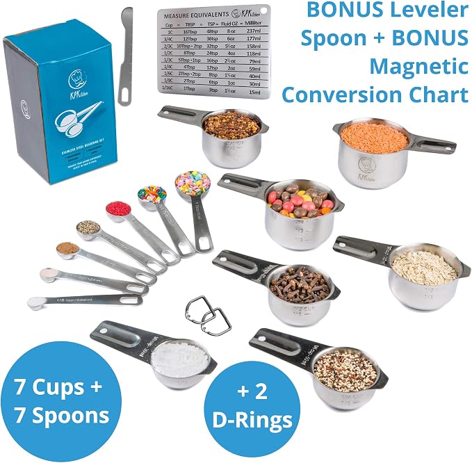Measuring Cups and Spoons Set, 16-Piece Stainless Steel, Leveler & Chart | 7 Dry Measuring Cups, 7 Measuring Spoons, Conversion Chart and Leveler, Metal Baking Tools for Flour, Sugar, Spices & Baking.