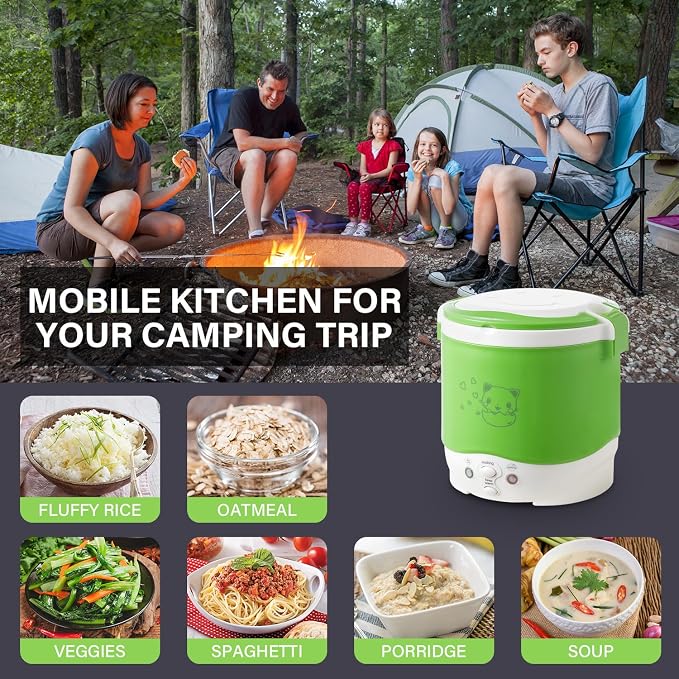OSBA 12V Rice Cooker for Car 1L Mini Rice Cooker with Steamer, Green | 2Cup Portable Travel Rice Cooker for 1-2 People, Cooking Heating & Auto Keeping Warm Function, Used as an Electric Lunch Box