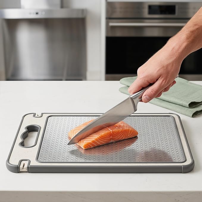 Tibo Titanium Cutting Board for Kitchen 1pc with Juice Groove – Double Sided Cutting Board for Meat, Veggies & Bread 14.5 * 9.8 inches, Dishwasher Safe, Durable and Easy to Clean