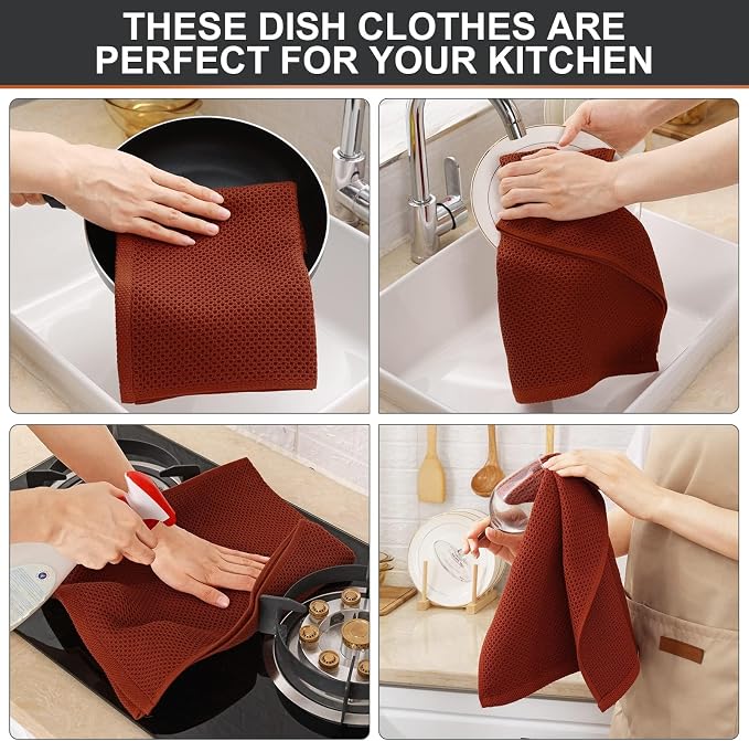 Kitinjoy 100% Cotton Waffle 8-Pack Kitchen Towels, 13" x 28", Rust | Super Soft, Ultra-Absorbent, Fast Drying, lightweight, Quick Drying Kitchen Hand Towels