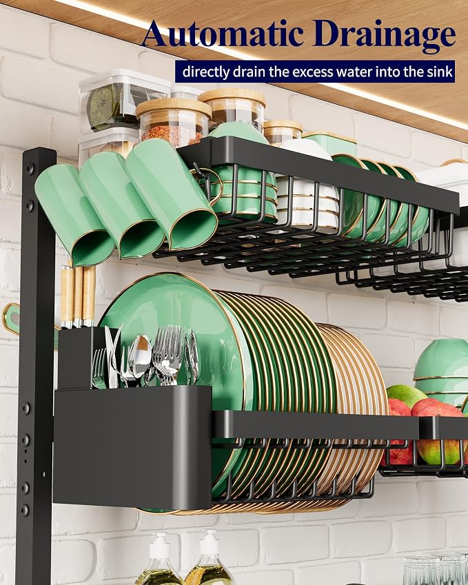 Kitsure Adjustable Over The Sink Dish Drying Rack, 31.5" -39.4" x 30.3" | Sink Drying Rack for Kitchen Sink, Dish Rack Over Sink with Cutlery & Utensil Holders, Kitchen Storage, Black