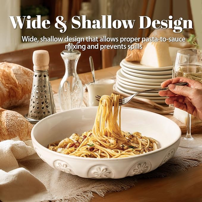 Pasta Bowls, 50oz Large Salad Serving Bowls, 9.75'' Plates Bowls Set of 4, Big White Ceramic Soup Bowls for Kitchen, Embossment Shallow Dinner Bowl, Microwave Dishwasher Safe, Pinwheel Flower