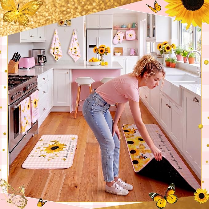 Fourluoo 10 Pcs Sunflower Kitchen Decor and Accessories Pink Kitchen Towels Rugs Oven Mitts and Pot Holders Set Sunflower Decorations Set for Cooking Baking Grilling Mom Gift Home