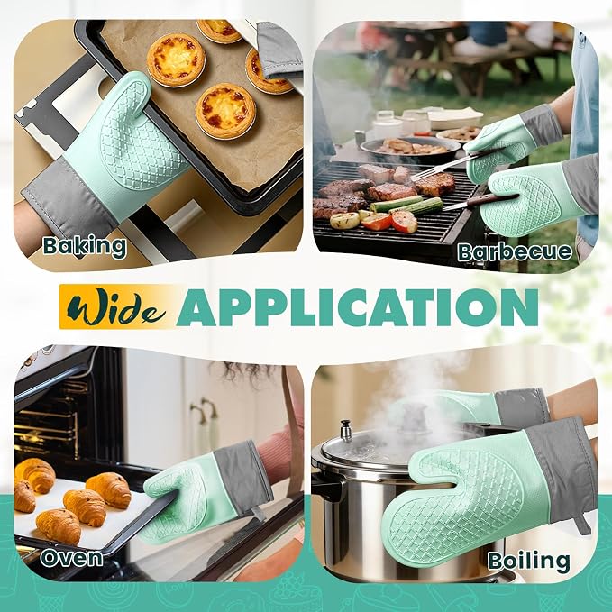 Silicone Oven Mitts (2 PCS), Waterproof Non Slip Grip Oven Gloves with Thick Soft Cotton Lining, Universal Fit Heat Resistant Kitchen Gloves for Baking, BBQ, Cooking and Grilling-Green