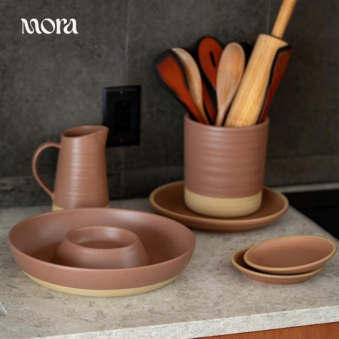 Mora Ceramic Chips and Dip Serving Tray: Large Divided Party Bowl Set for Chips & Salsa, Veggies & Dip, Fruit, Snacks, Entertaining, Hosting, etc. Minimalist Design for the Modern Hostess - Terracotta