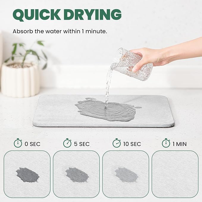 Super Absorbent Stone Drying Mat for Kitchen Counter, Fast-Drying Diatomaceous Earth Dish Drying Mats, Versatile Stone Drying Tray for Cups Dishes Bottles, Warm Light Gray