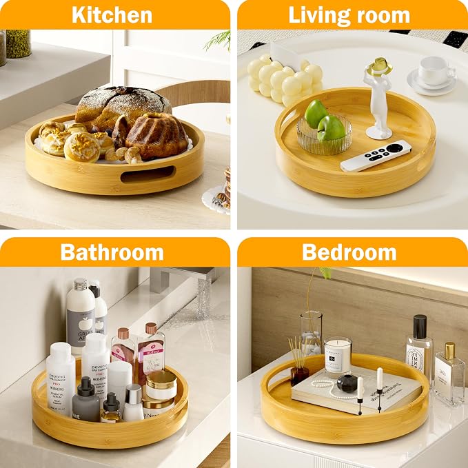 Lazy Susan Organizer Homerays 12 Inch Non-Skid Bamboo Lazy Susan for Kitchen Rotating Spice Rack with Handles, Wood Turntable for Kitchen Cabinet,Countertop (Bamboo, Medium)