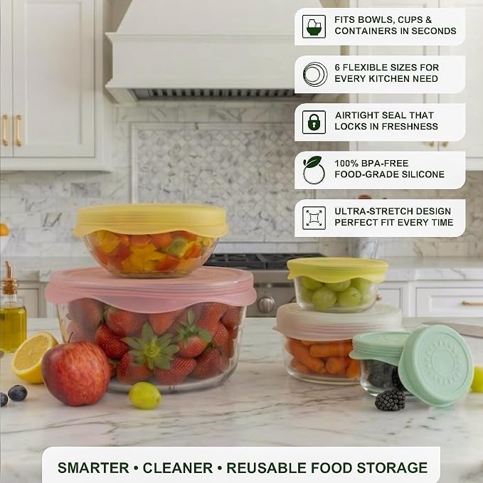 Silicone Stretch Lids 6 PCS – Airtight Reusable Food Covers for Bowls & Containers, Multi Size Flexible Silicone Lids, Leak Proof, BPA Free, Microwave Dishwasher & Freezer Safe