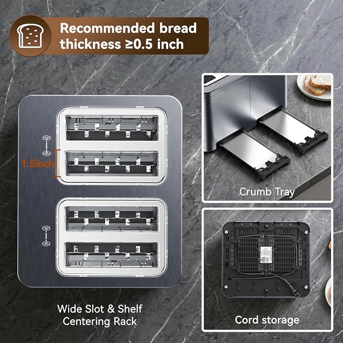 Mecity 4 Slice Toaster Wide Slot, Auto Lift Keep Warm Smart Toaster with Touch Screen, Dual Control Panel, Defrost, Auto Shut Off Digital Toasters for Bagel Muffin Waffle Gluten Free Breads1700W 120V