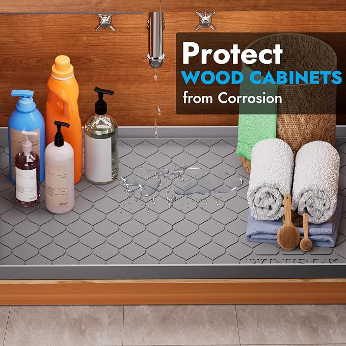Winisok Waterproof Under Sink Mat 37" x 22", Silicone Mat, Dark Gray | Raised Edge Traps Spills & Leaks, Shelf Liner, Cabinet Protector, for Kitchen, Bathroom, Boots, Pets, Home Essentials