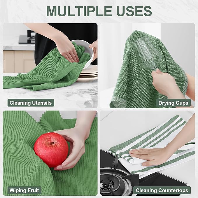 Homaxy Cotton 380 GSM Premium Kitchen Towels, 18"x28", 12 Pack, GrassGreen | Soft and Absorbent Terry Dish Towels, Multipurpose Tea Towel Set with Hanging Loop, 3 Styles Kitchen Hand Towels