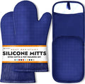 BPA-Free Soft Silicone 4 Piece Oven Mitts & Pot Holders Set - Ultra Heat Resistant Oven Mitts with Thick Cotton Liner - Long Slip Resistant Pot Holders, Flexible Oven Gloves - Navy
