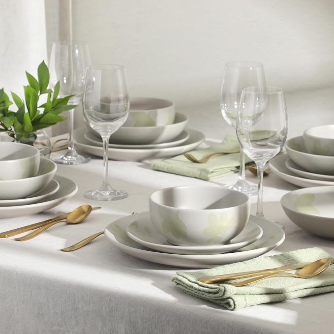 Gibson Home Admiral Hall Plates and Bowls Set, 16-Piece Floral Dinnerware Set, Green Stoneware Dish Set, Dinner Plates, Salad Plates, Pasta Bowls & Cereal Bowls