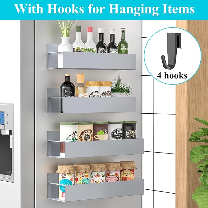 4 Pack Magnetic Spice Storage Rack Organizer for Refrigerator and Oven, Gray Fridge Organizers and Storage | Magnetic Shelves Heavy Duty for Fridge in Kitchen, Seasoning Storage Organizer, For Oven Washer and Dryer, For Heavier Items