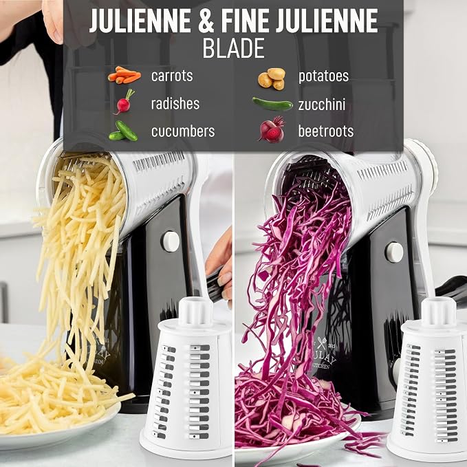 Zulay Kitchen Rotary Cheese Grater 5 Blade Cheese Shredder - Manual Hand Crank Cheese Grater With Reinforced Suction & 5 Interchangeable Drums - Easy to Use, Vegetable Chopper Round Mandoline Slicer