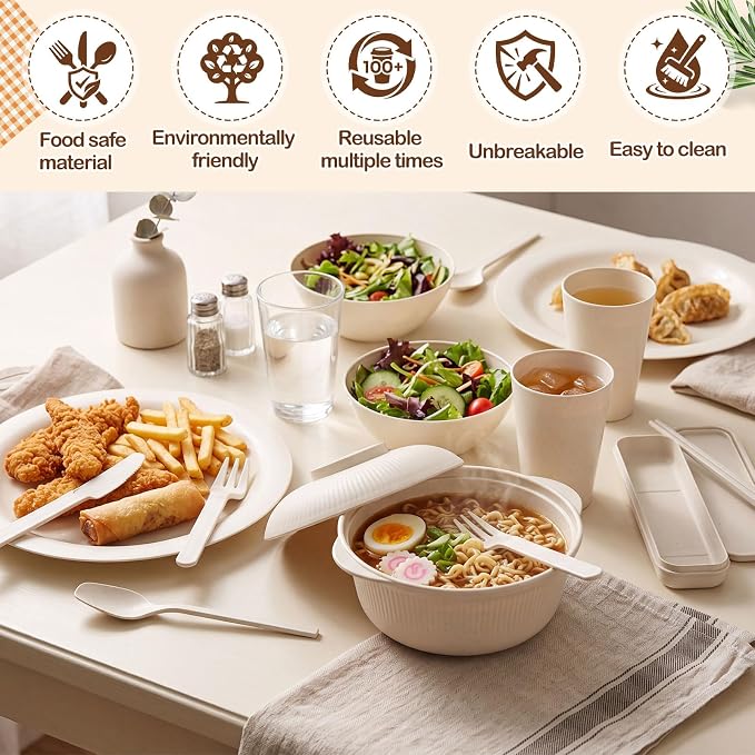 LemonRoad College Dorm Dishes Essential Kit 2 Sets Plastic Plates and Bowls 1 Set 40oz Microwave Cooker Ramen Bowl with Chopstick Spoon Fork Picnic Dinnerware Camping Set for College Dorm Room(Beige)