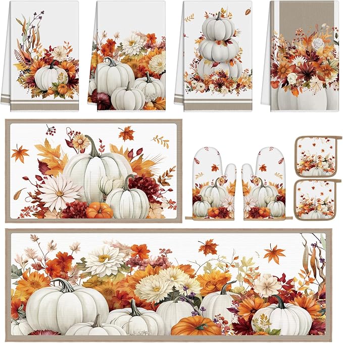 Fourluoo 10 Pcs Fall White Pumpkin Kitchen Decor Set White Pumpkin Rugs Towels Oven Mitts and Pot Holders Farmhouse Kitchen Decor Set for Gift Cooking Baking Grilling