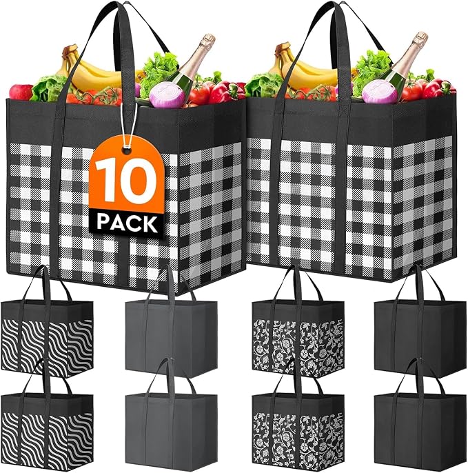 Reusable Grocery Shopping Bags 10 Pack Large Foldable Tote Bags Bulk | Eco Produce Bags with Long Handle for Shopping Groceries Clothes (Plaid D)