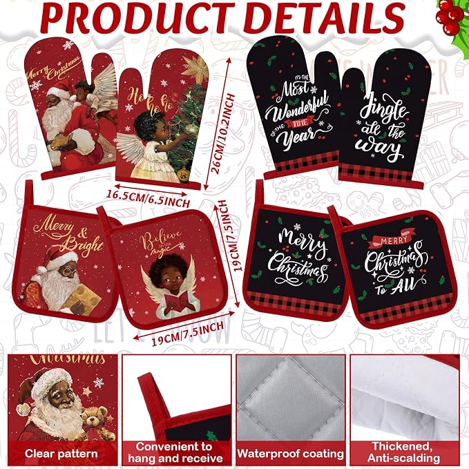 SiliFine 12 Pcs Christmas Kitchen Towels Pot Holders and Oven Mitts Set 4 African American Dish Towels 4 Buffalo Plaid Oven Mitts 4 Black Santa Claus Angel Potholders for Xmas Dish Baking Decorative