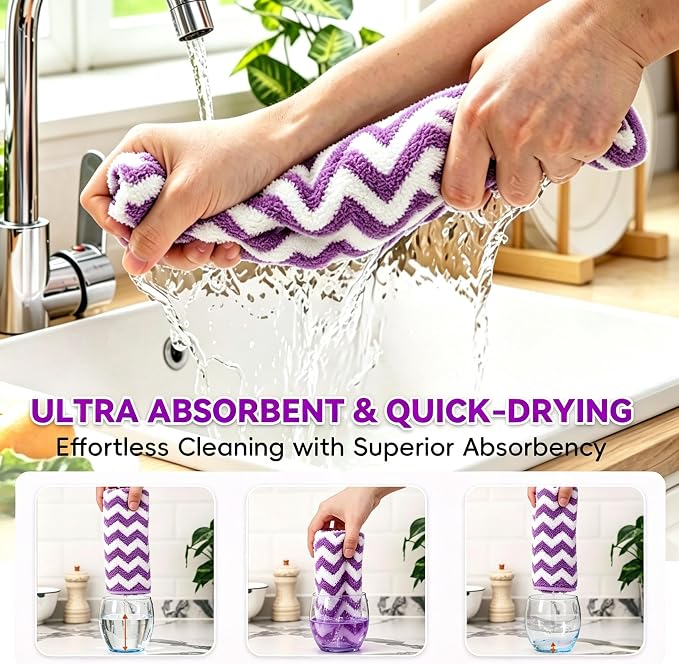 Microfiber Cleaning Cloths, 6 Pack Purple Kitchen Towels | 12x12 Inch, Ultra Soft Absorbent, Lint Free Dish Towels with Hanging Loop, Reusable for Kitchen, Car & Household