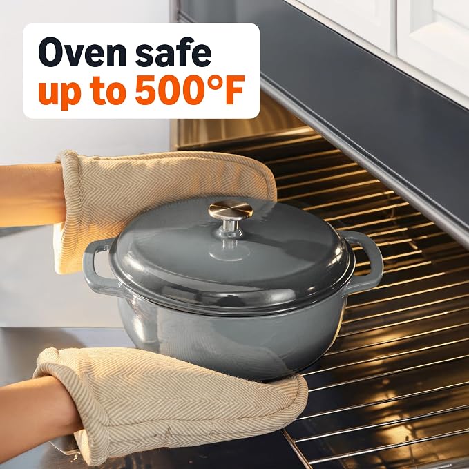 Amazon Basics Enameled Cast Iron Dutch Oven Pot with Lid, Round, Dual Handles, Heavy-Duty, Oven Safe for Stews, Roasting, Baking,6-Quart, Gray