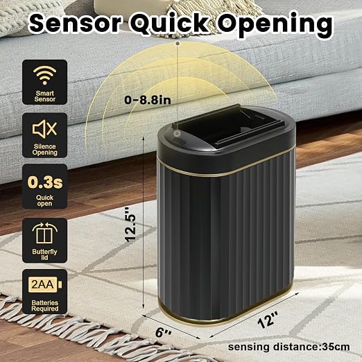 ELPHECO Motion Sensor Bathroom Trash Can with Lid 2 Gal Automatic Trash Can | Butterfly Lid, Room Decor Bathroom Accessories, Motion Sensor Wastebasket Garbage Can, Kitchen Living Room Office, Black Gold