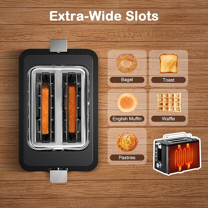 Mecity Toaster 2 Slice Stainless Steel Body, Timer, Bagel, Defrost, Reheat, Cancel Functions, Warming Rack, Removable Tray, 6 Browning Settings, Extra Wide Slots, Bread Toaster, 120V 800W Black