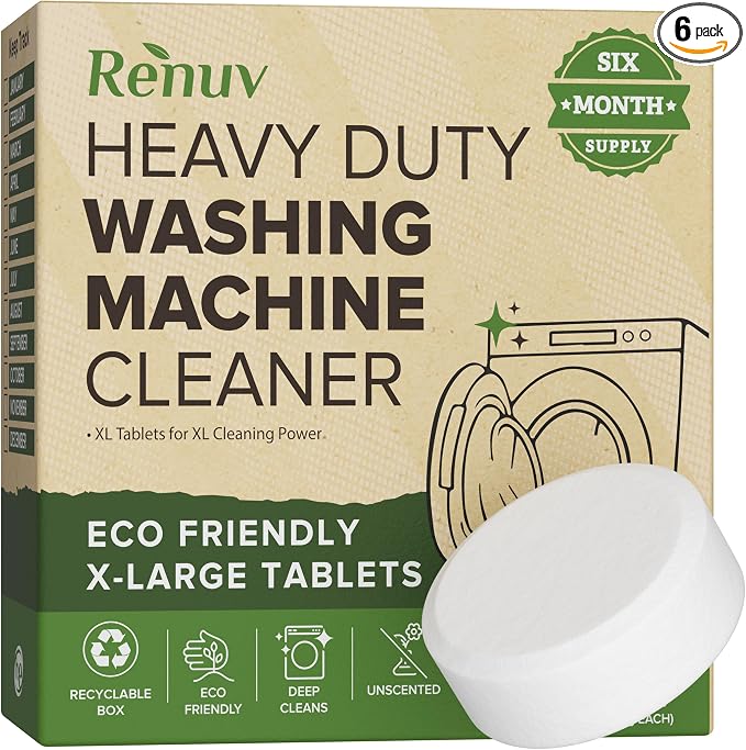 Renuv® Heavy Duty Washing Machine Cleaner & Descaler & Deodorizer Tablets | Deep Cleaning Tablets Remove Residue, Grime Buildup, Front Load or Top Load Washer, HE and Septic Safe, 6 Month Supply