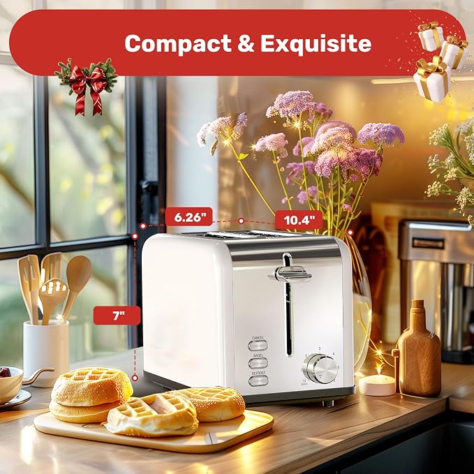 YSSOA Stainless Steel Toaster 2 Slice with Extra Wide Slot & Removable Crumb Tray, 6 Shade Settings and Bagel/Defrost/Cancel Functions, Compact Oven, for Various Bread & Waffle, White New