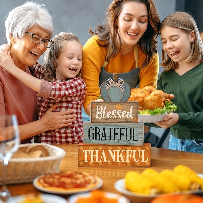 Lineshading 4 Pcs Farmhouse Block Signs Tiered Tray Decor Blue Pumpkin | Rustic Wooden Stacked Signs Blessed Grateful Thankful, Sunflower Pumpkin Topper, Tabletop Centerpiece for Fall Harvest