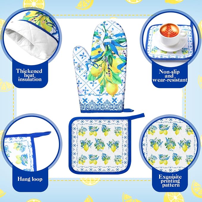 Fourluoo 10 Pcs Lemon Kitchen Decor Set Lemon Kitchen Towels Rugs Oven Mitts and Pot Holders Kit for Summer Baking Cooking Chef