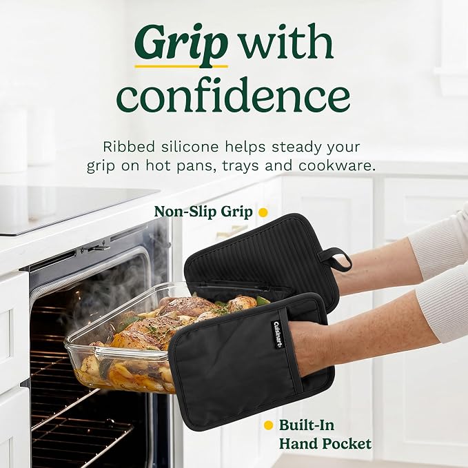 Cuisinart Silicone Pot Holders, Set of 2 7"x9", Heat Resistant 500F | Non-slip grip back is waterproof, hand pocket for secure hold, doubles as a trivet, wipe clean, hanging loop